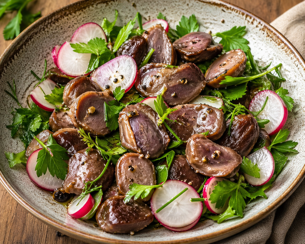 Gésiers confits en salade tiède, radis et herbes fraîches
