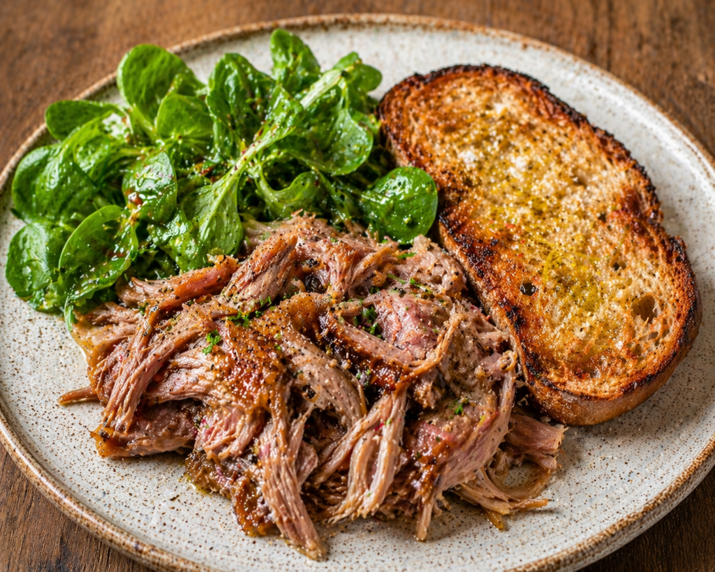 Confit de canard effiloché, tartine croustillante et mâche