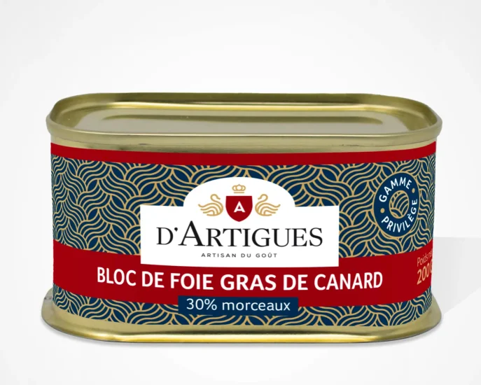 Conserve de bloc de foie gras de canard 30% morceaux d'Artigues